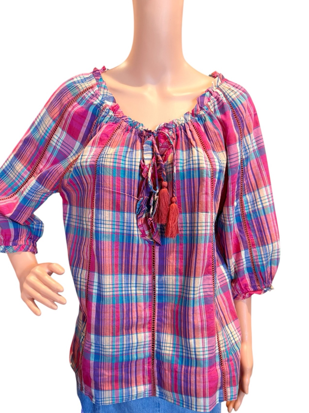 Sundance Pink Plaid Peasant Top Tunic Blouse Tassel Tie Size Medium